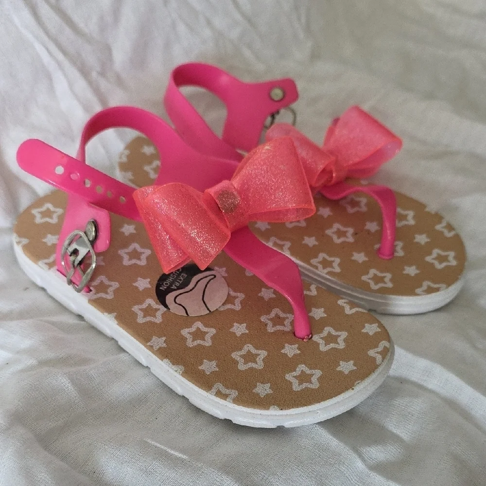 (J36) Wonder Nation Pink and Tan Sandals T-Strap Bow Design